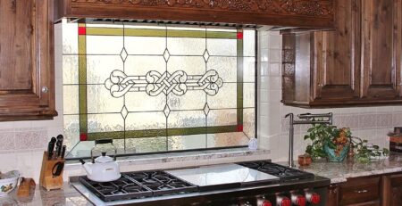 Kitchen stained glass window, vibrant colors, modern Houston home interior