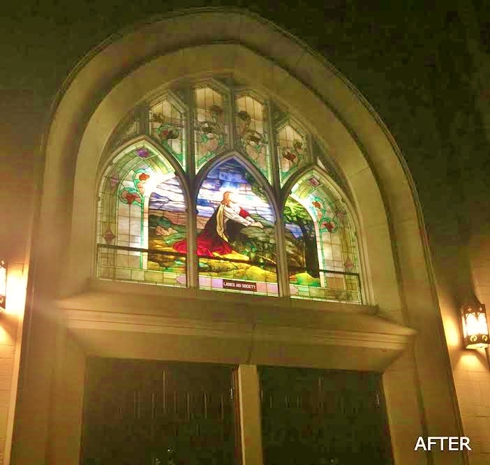 contemporary building in Houston with deteriorating stained glass windows